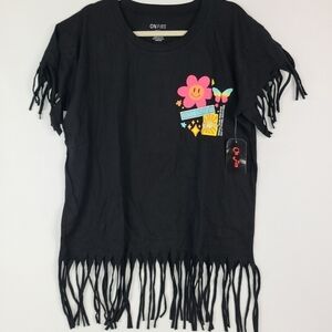 NEW ON Fire Black Fringe Tee "Good Vibes Only Be Happy" Flowers Print SZ 2X NWT